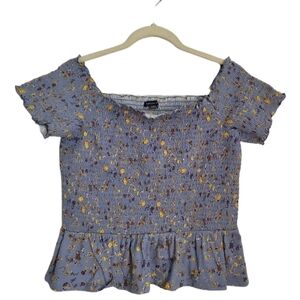 American Eagle Top L Large Blue Floral Peplum Smocked Off The Shoulder